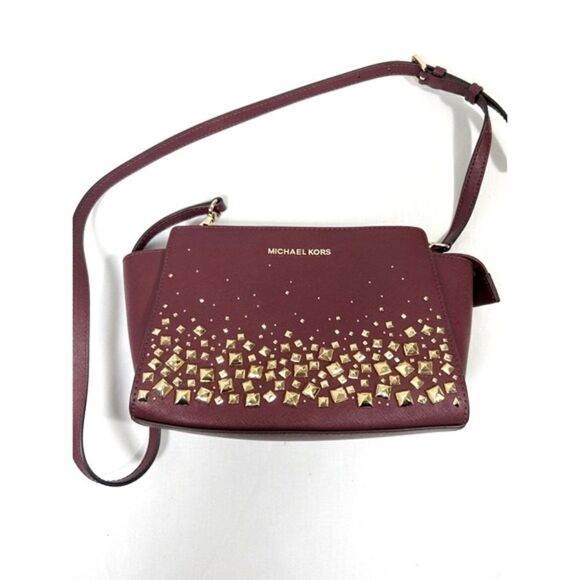 Michael Kors Selma Medium Saffiano Leather Satchel Studded/Love in Merlot - Picture 7 of 7